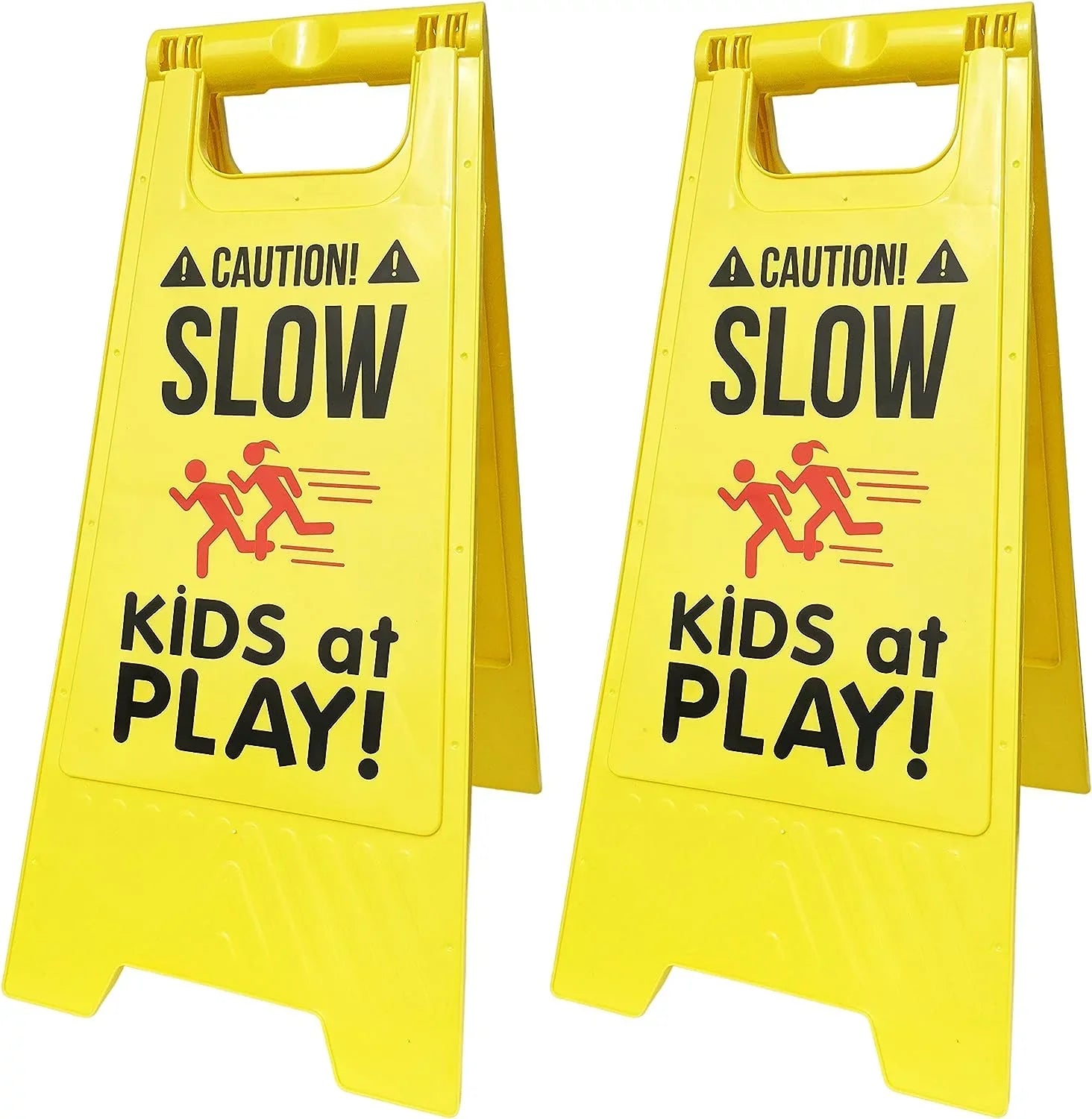 2 Pack Caution! SLOW - KIDS at PLAY! Signs, Double Sided, High Visibility Yellow Color, Fold-Out Standing Signs, Portable with Carrying Handle - by SciencePurchase