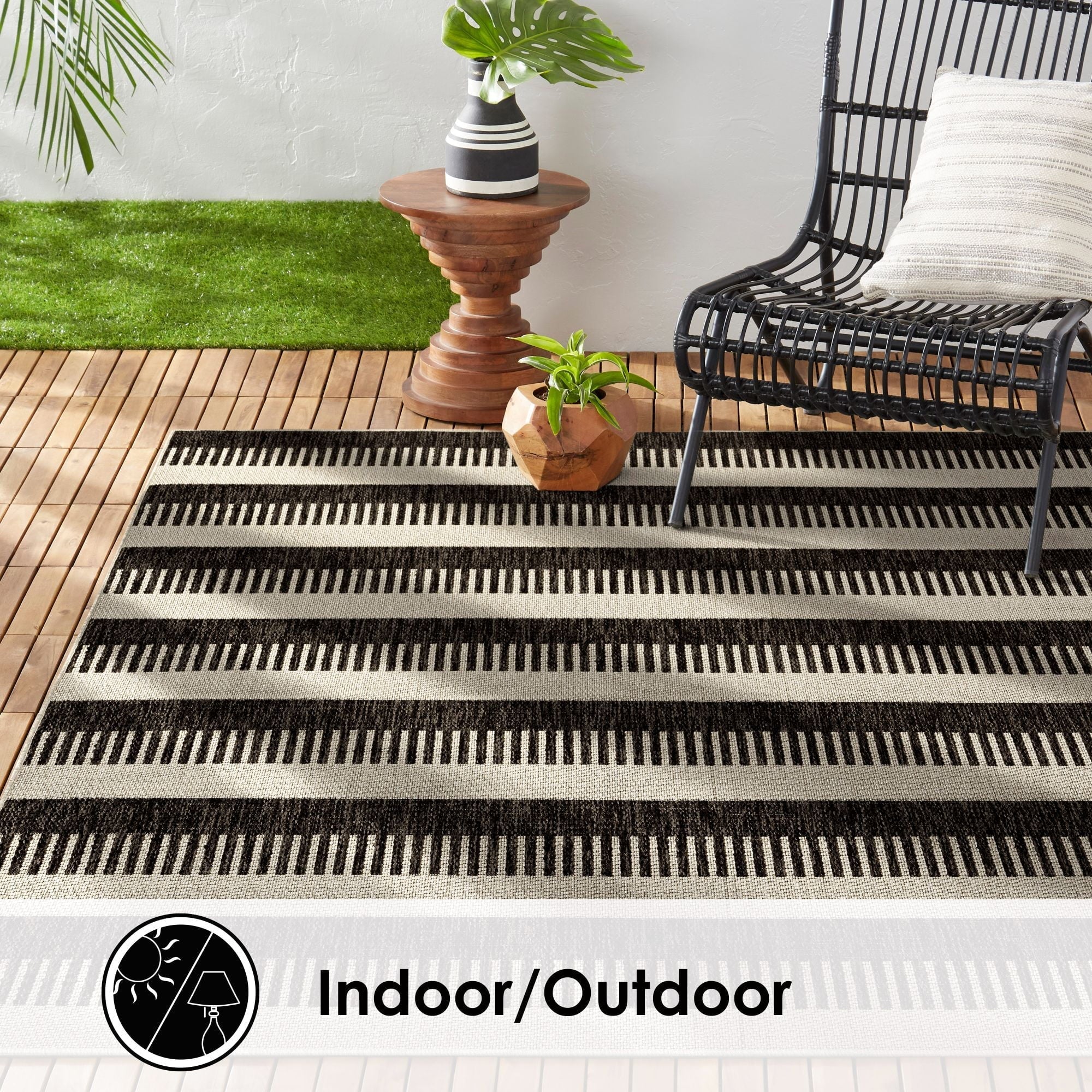 Nicole Miller New York Patio Country Charlotte Modern Striped Indoor/Outdoor Area Rug, Black/Grey, 5'2"x7'2"