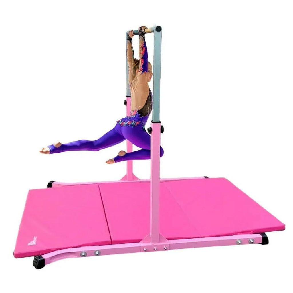 5 Star-TD Pink Gymnastic Kip Bar for Kids, Expandable 3-5 FT, Adjustable Height Horizontal Bar, Heavy Duty Curved Legs, Junior Training Equipment, Home Gymnastics, Strong and Durable