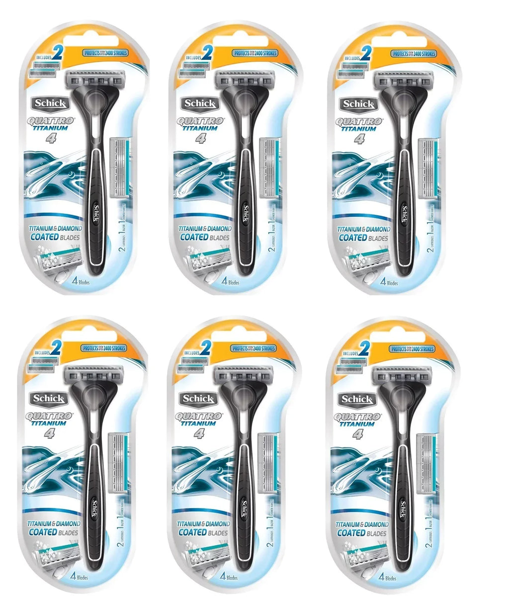 Schick Quattro Razor & Cartridges, Titanium Coated Blades, 1 Razor, 2 Cartridges (Pack of 6) + 3 Count Eyebrow Trimmer