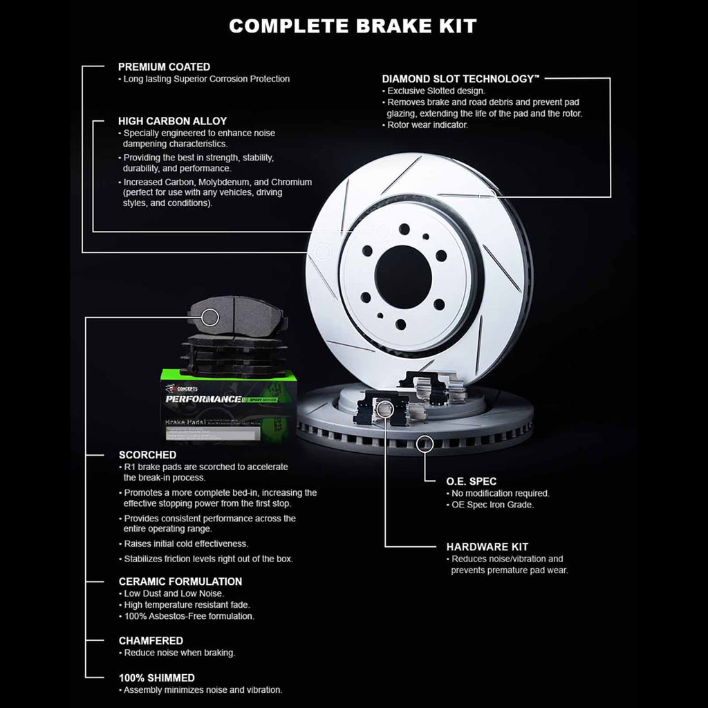R1 Concepts Front Brakes and Rotors Kit |Front Brake Pads| Brake Rotors and Pads| Performance Sport Brake Pads and Rotors| Hardware Kit|fits 2007-2015 INFINITI G35, G37, Q60