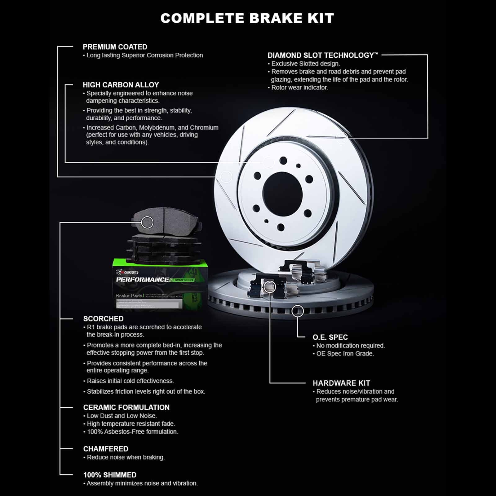 R1 Concepts Front Brakes and Rotors Kit |Front Brake Pads| Brake Rotors and Pads| Performance Sport Brake Pads and Rotors| Hardware Kit|fits 2007-2015 INFINITI G35, G37, Q60