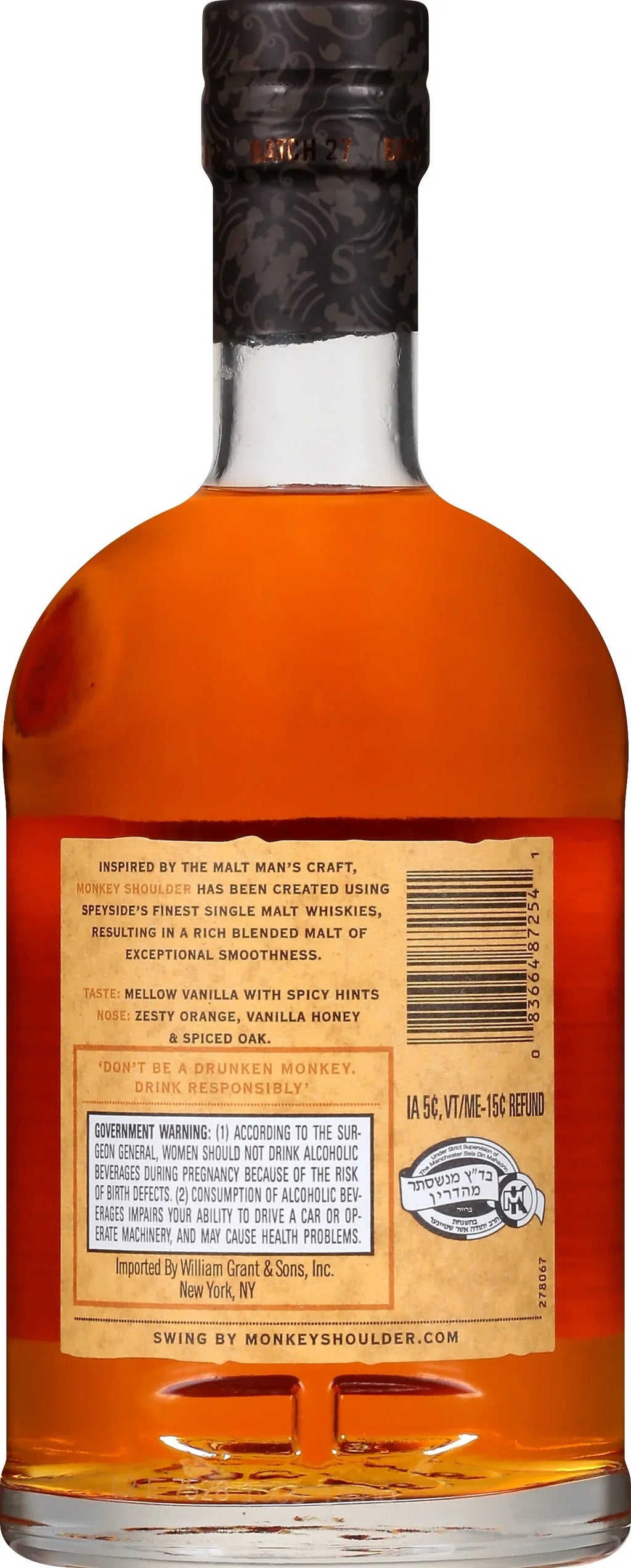 Monkey Shoulder Scotch Whisky, 750ml Glass Bottle, 43% ABV 86 Proof