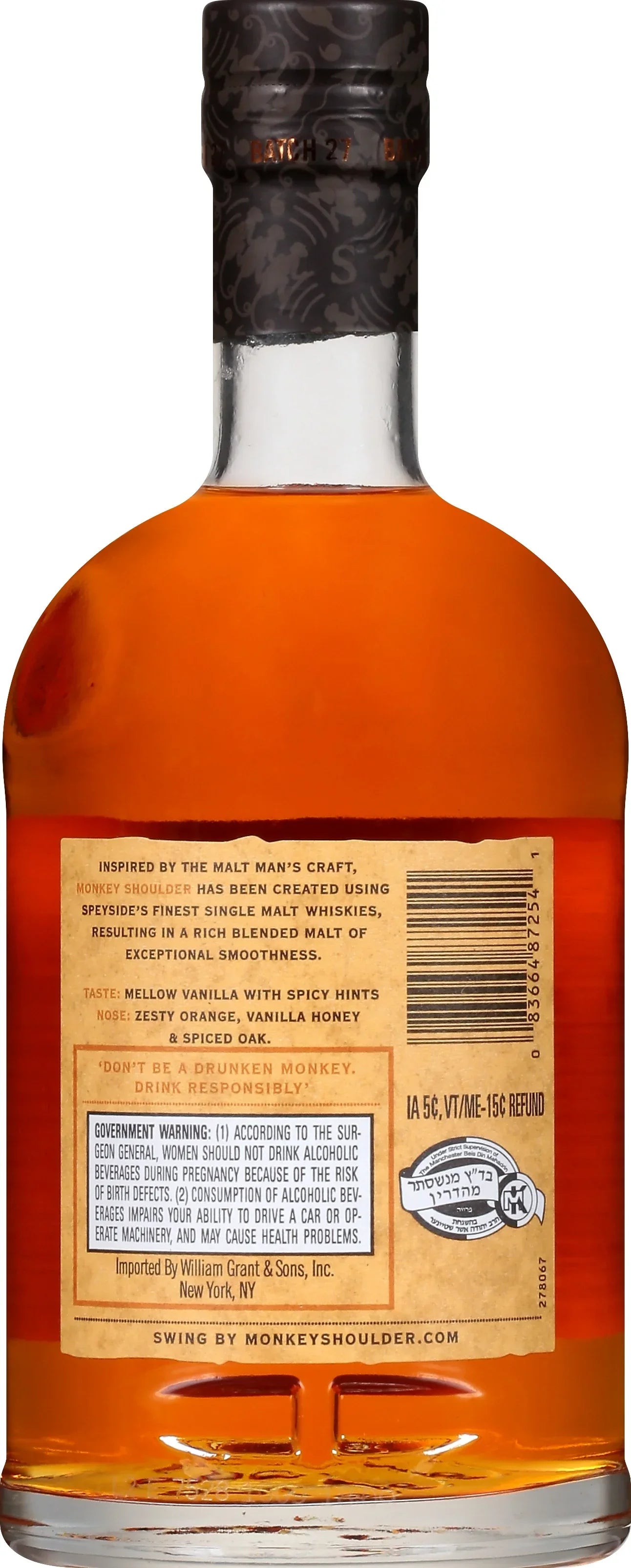 Monkey Shoulder Scotch Whisky, 750ml Glass Bottle, 43% ABV 86 Proof