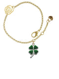 Delight Jewelry Silvertone Green Four Leaf Clover with Heart Leaves Gold-tone Rose Link Chain Bracelet, 6.25"+1.75" Extender