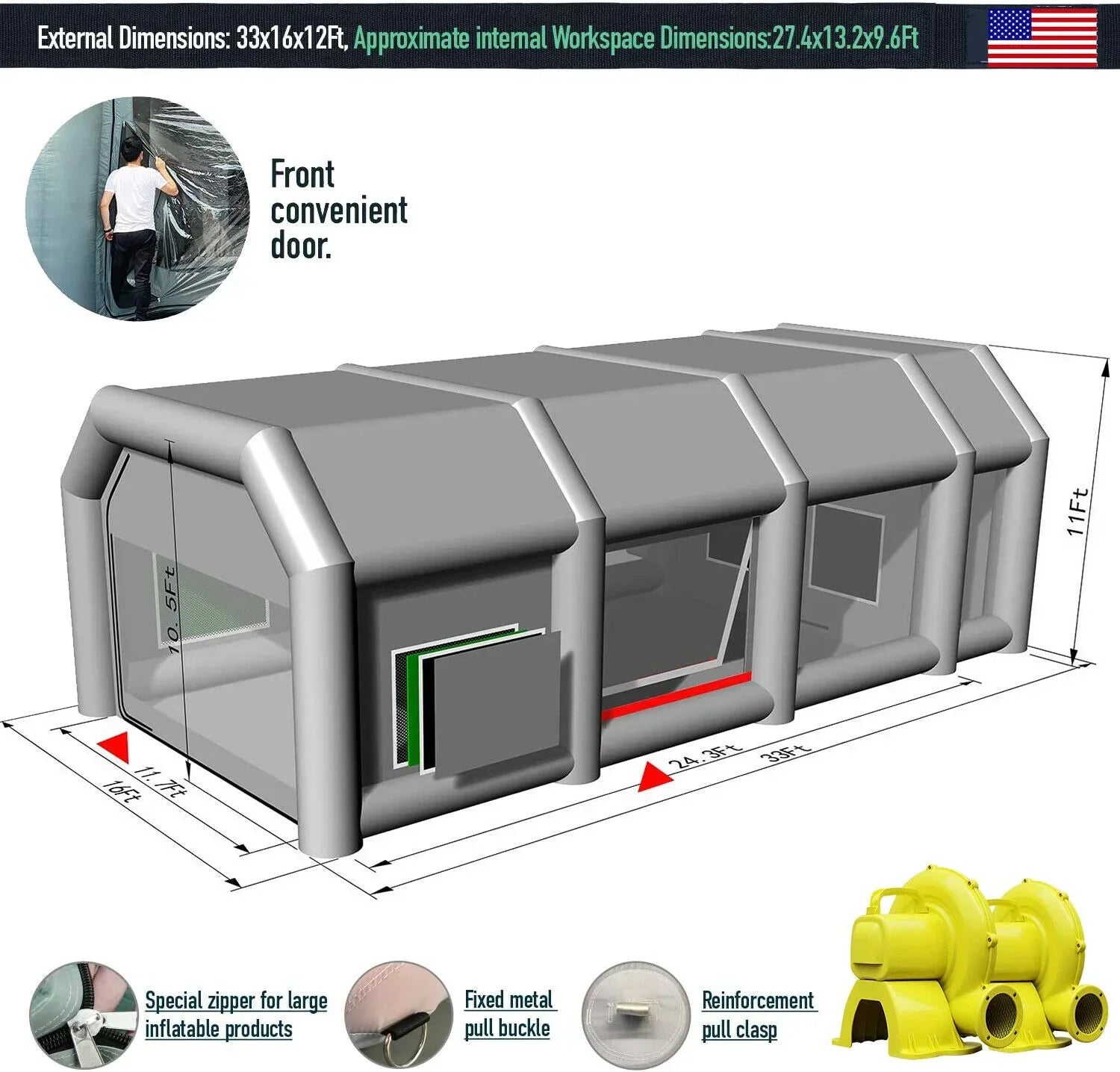 Urbanest Inflatable Paint Booth 33x16.4x11.5Ft With Blowers Car Painting Tent for Car Garage