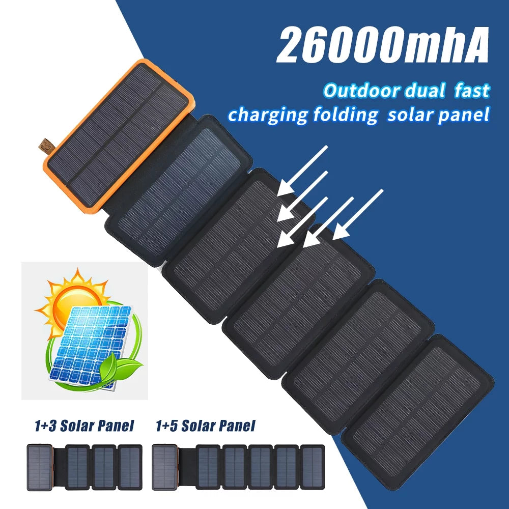 26000mAh 6 Solar Panel Portable Charger Folding Solar Power Bank External Battery with Flashlight For Cell Phone