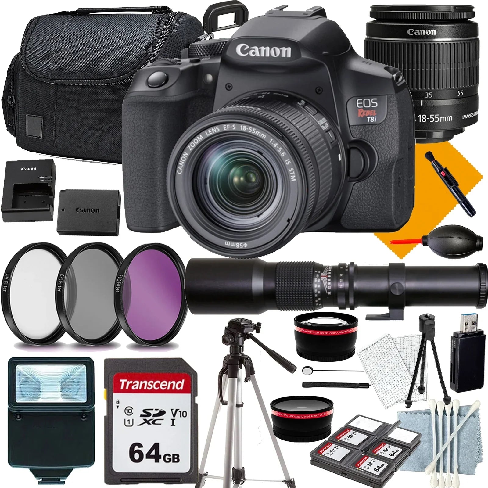 Canon EOS Rebel T8i Camera with 18-55mm+500mm f/8.0 Telephoto Lens for T-mount+COMMANDER Starter Kit+Lens Filters+CASE+64Memory Cards(18PC)