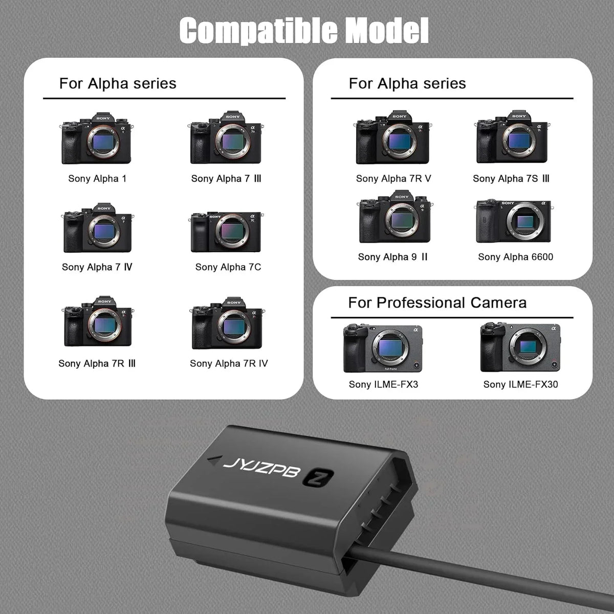 JYJZPB NP-FZ100 Dummy y AC Power Adapter Fit for Sony A7III A7IV Alpha 1 A7C FX3 FX30 A7R3 A7R III A7R V A7R IV