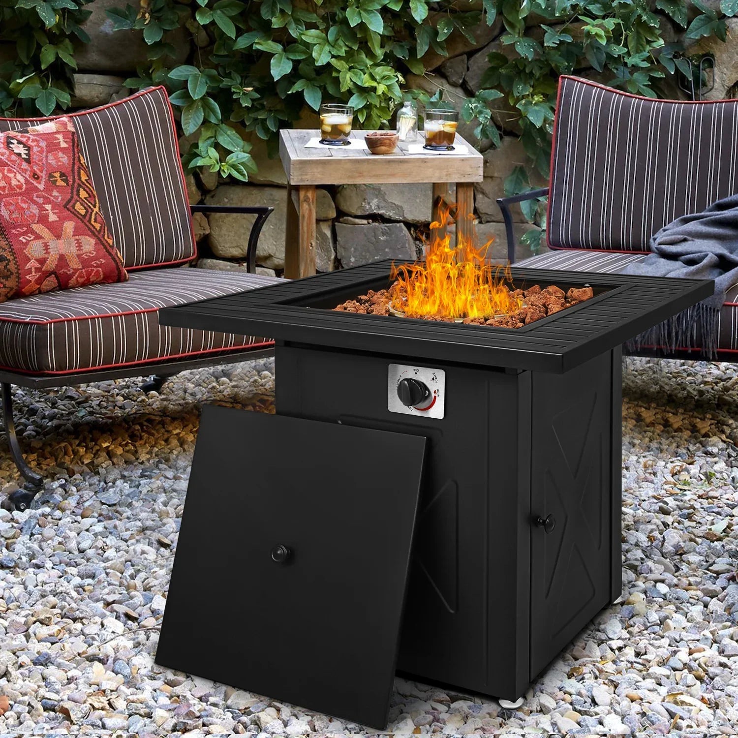 MoNiBloom 28" Fire Pit Table 50,000 BTU Square Propane Gas Fire Pit Table with Lava Rocks and Metal Lid for Outdoor Patio, Black