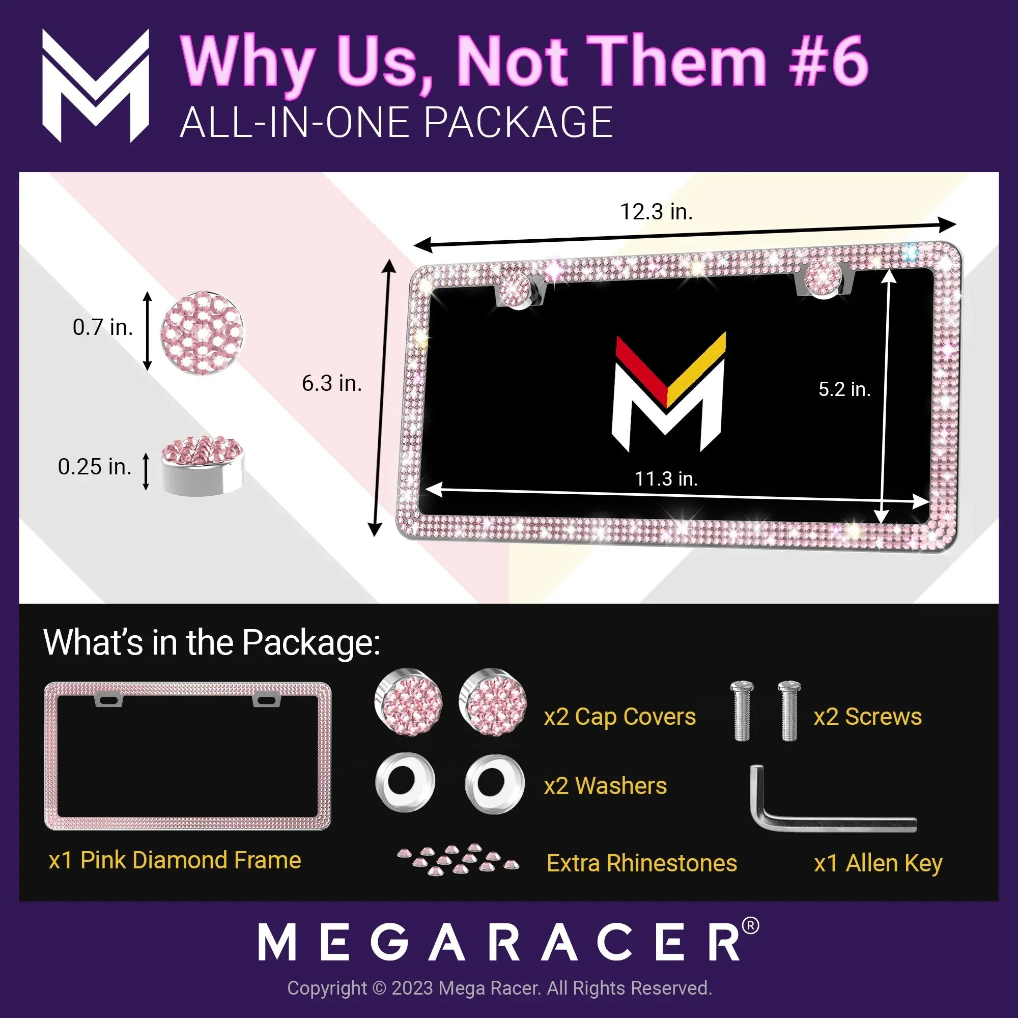 Mega Racer Mazda CX-50 Bling License Plate Frames Diamond Pink Rhinestones, 2 Holes with Mounting Screws, Mazda CX-50 2023 23 Sparkly Car License Plate Frame