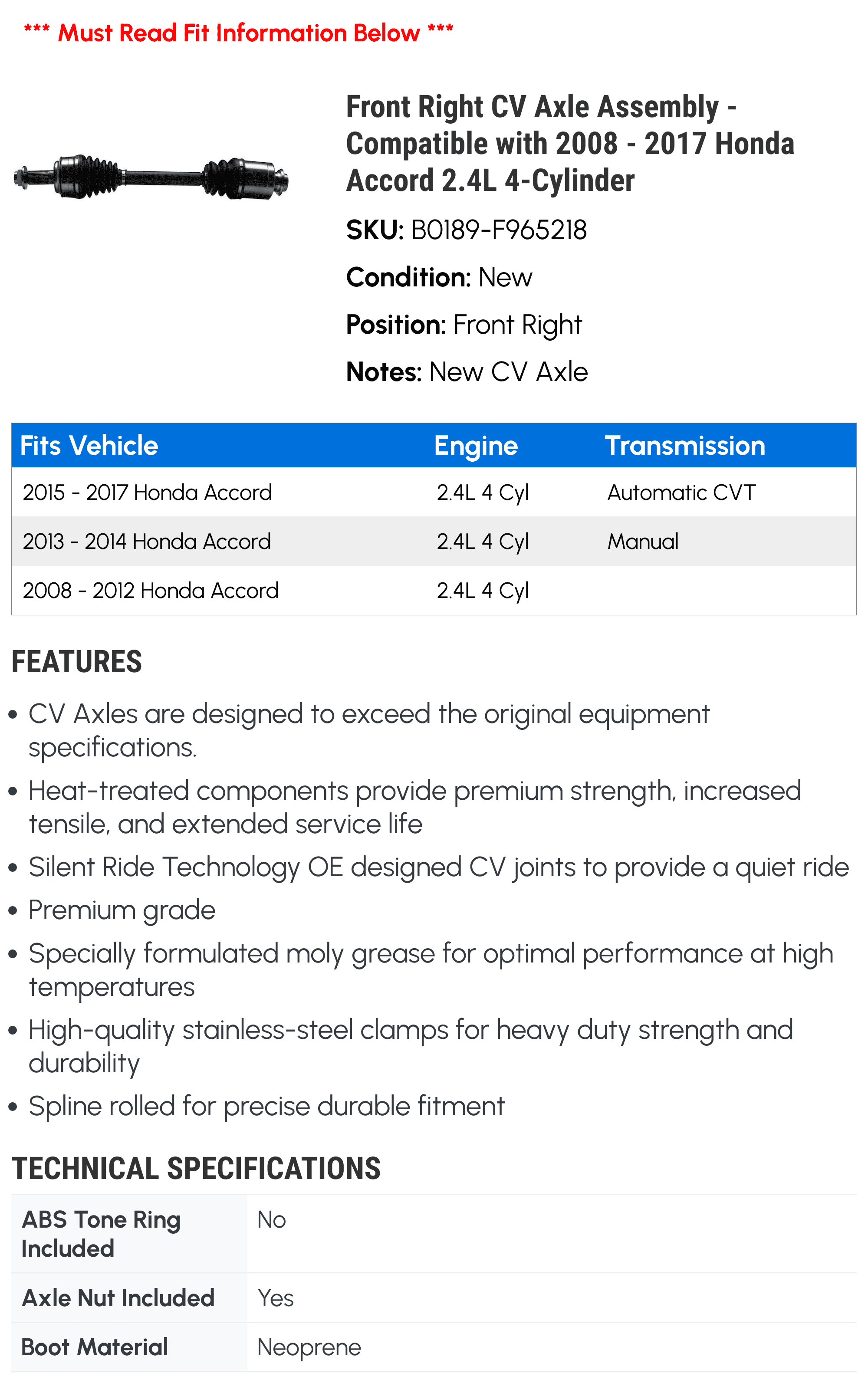 Front Right CV Axle Assembly - Compatible with 2008 - 2017 Honda Accord 2.4L 4-Cylinder 2009 2010 2011 2012 2013 2014 2015 2016