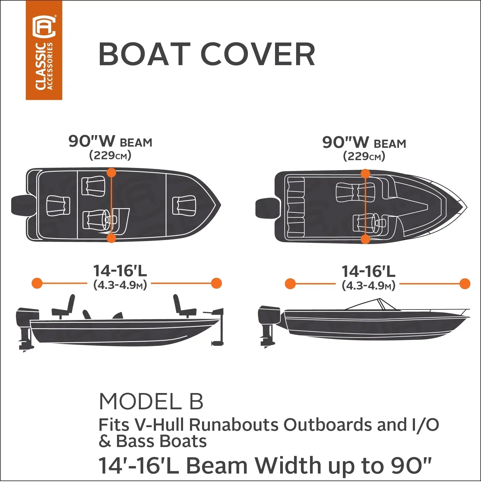 Classic Accessories Stellex™ All Seasons Boat Cover, Fits Boats 14' - 16' L x 90" W, Trailerable Boat Cover with Polyester Fade-Resistant Fabric, Model B