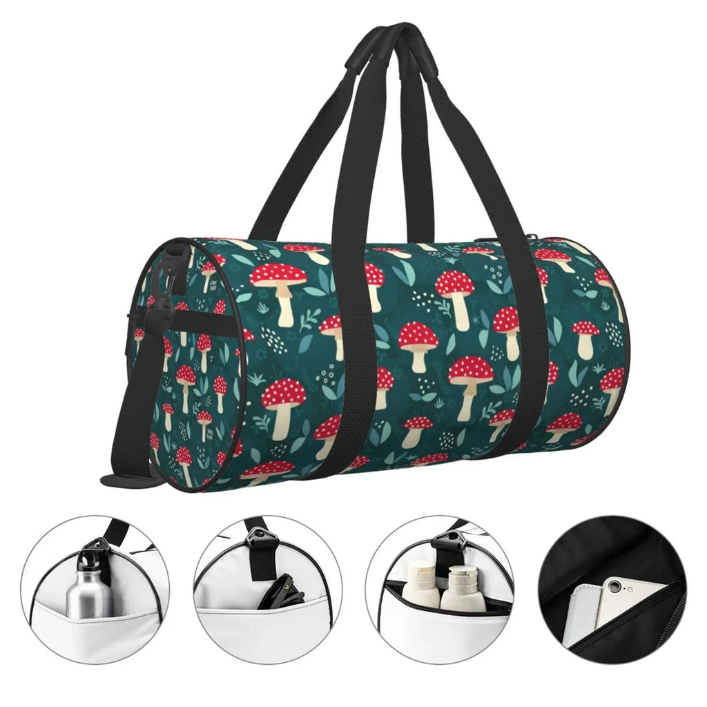 Coaee Amanita Mushroom Large Capacity Travel Luggage Bag Cylinder Gym Bag Waterproof Sports Bag with Pocket and Compartment