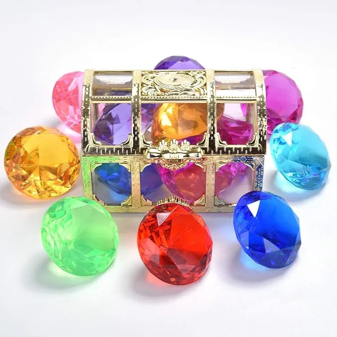 Diving Gem Pool Toy 6 Big Colorful Diamonds Set with Treasure Pirate Box Summer Swimming Toys Dive Throw Underwater for Use Treasures Gift Sets (golden)