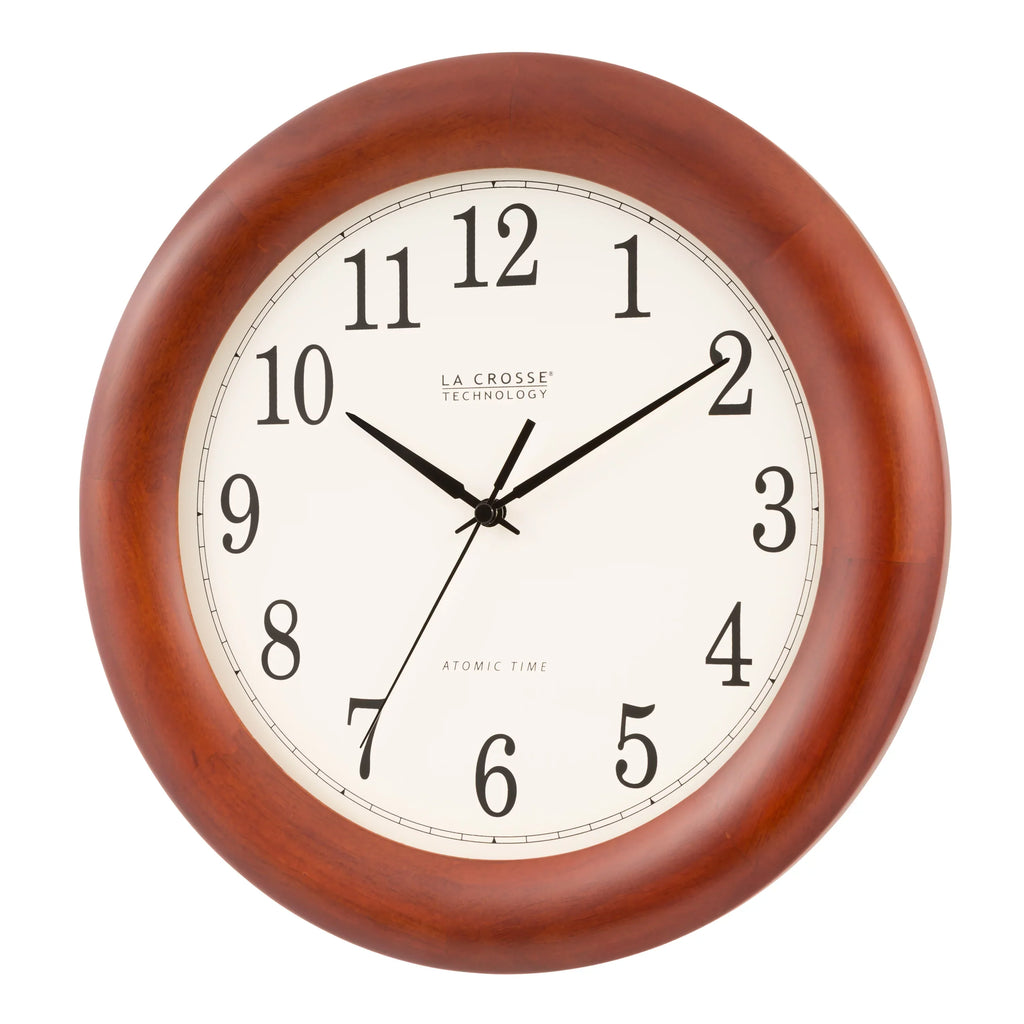 La Crosse Technology 12.5 Inch Cherry finish Oak Wood Atomic Analog Clock, WT-3122A-Int