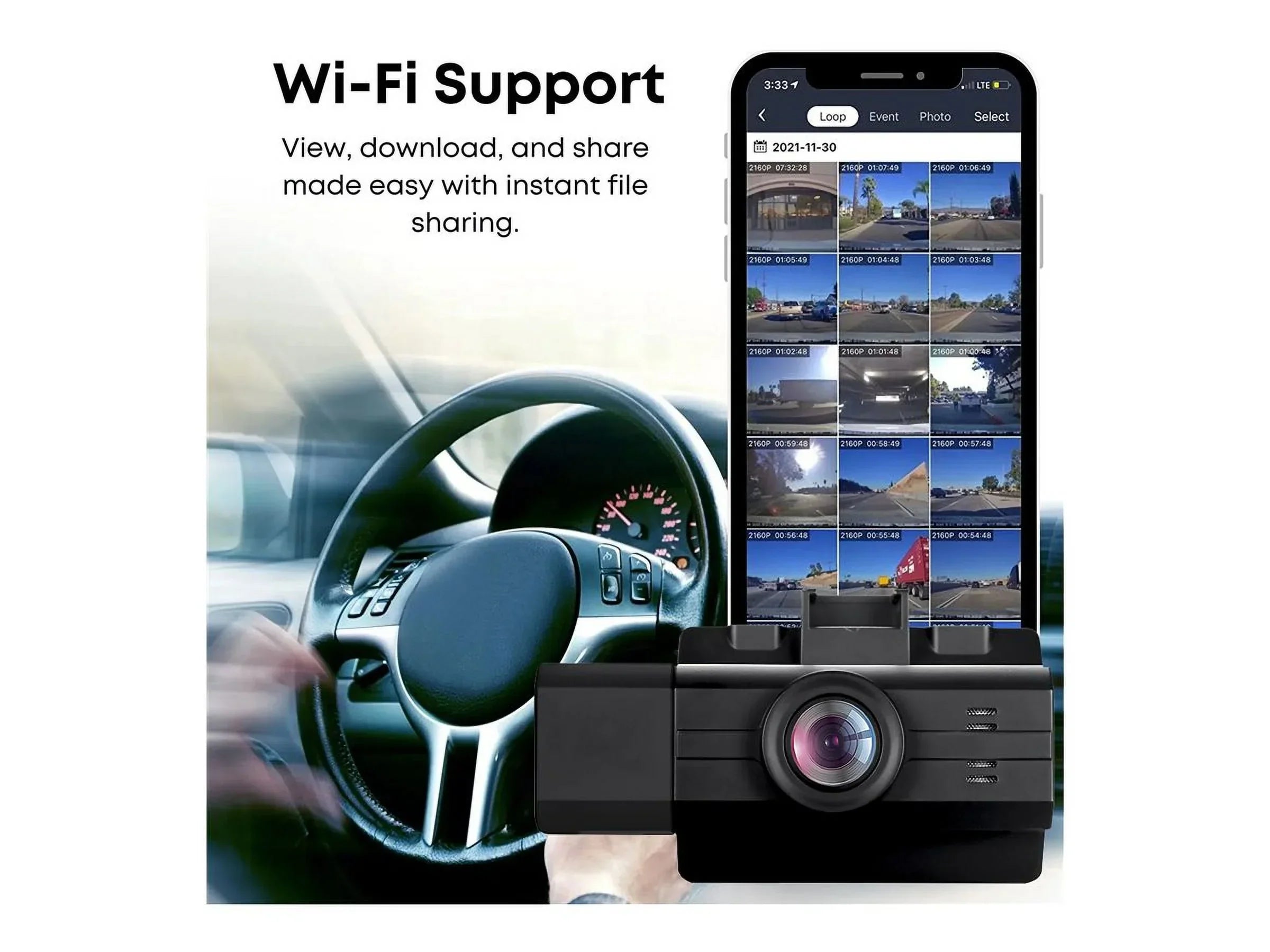 myGEKOgear by Adesso Scout Pro 2K 3-Channel Dash Cam Surveillance Edition with Front View, Cabin View, Rear - Wide Angle View - G-Sensor GOSP32G