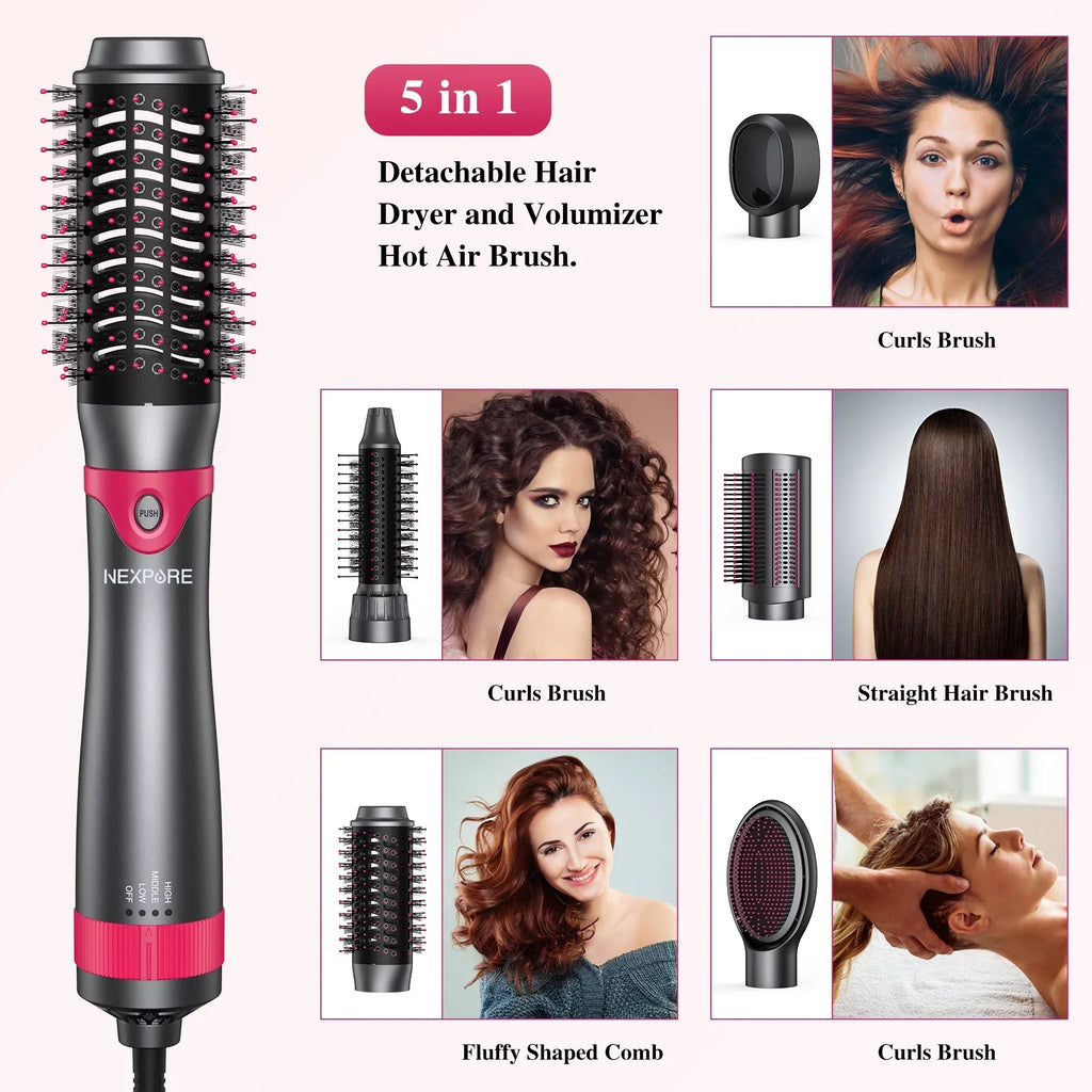 NEXPURE 5 in 1 Multifunctional Hair Dryer Styling Tool, Detachable Salon 5-in-1 Multi-Head Hot Air Comb,Negative Ion Automatic Suction Hair Curler for Women