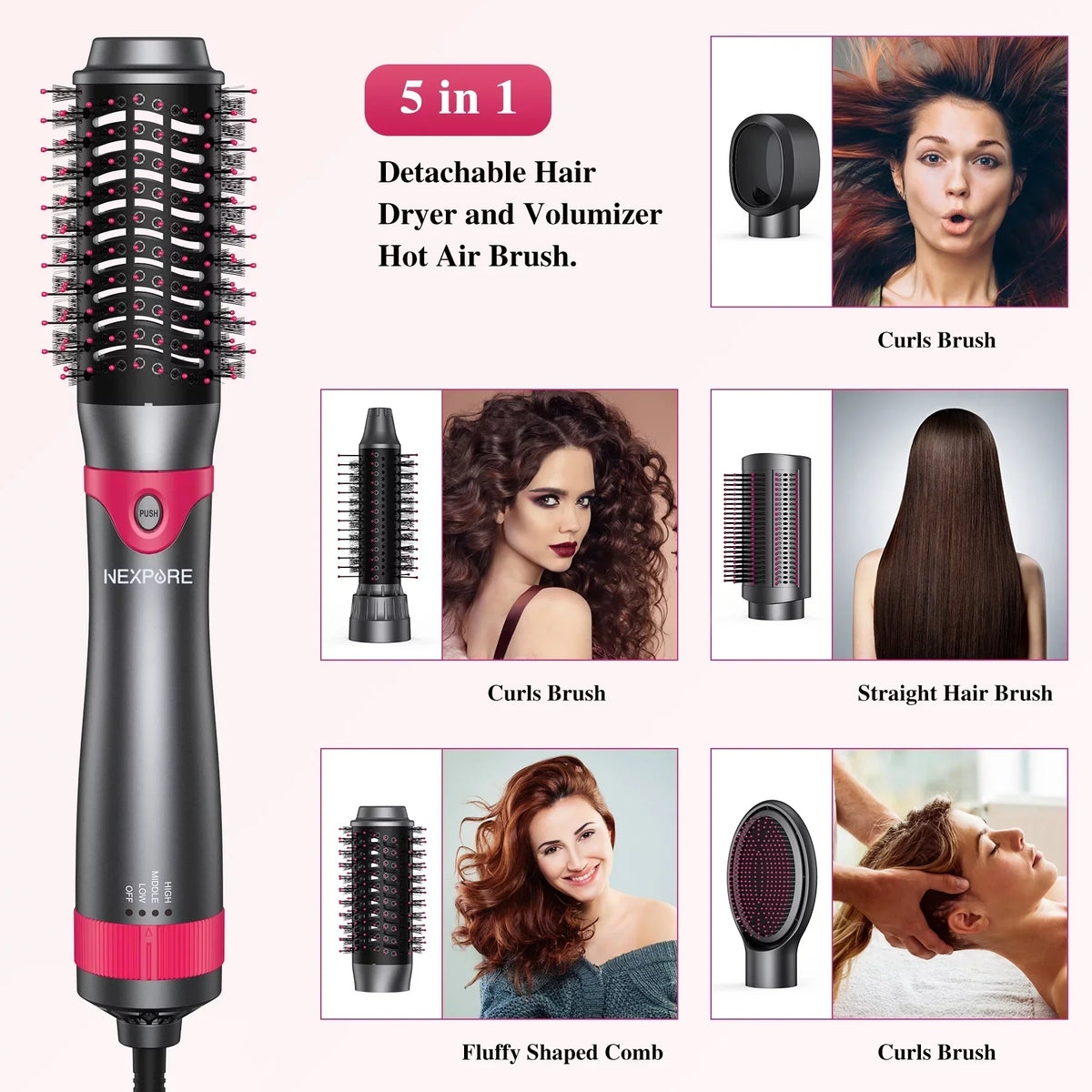 NEXPURE 5 in 1 Multifunctional Hair Dryer Styling Tool, Detachable Salon 5-in-1 Multi-Head Hot Air Comb,Negative Ion Automatic Suction Hair Curler for Women