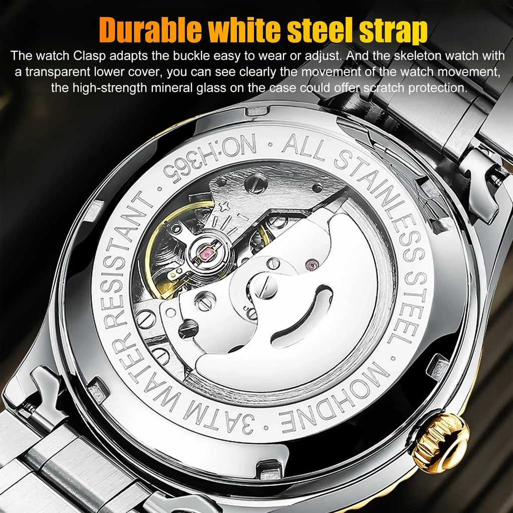 FNGEEN Men's Automatic Mechanical Stainless Steel Retro Luxury Hollow Dial Watch