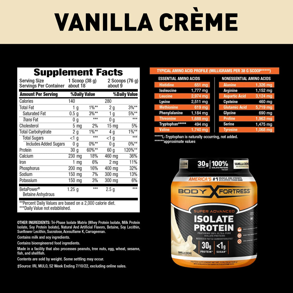 Body Fortress Isolate Powder, 30g Protein per scoop, Vanilla, 1.5 lbs (Packaging May Vary)