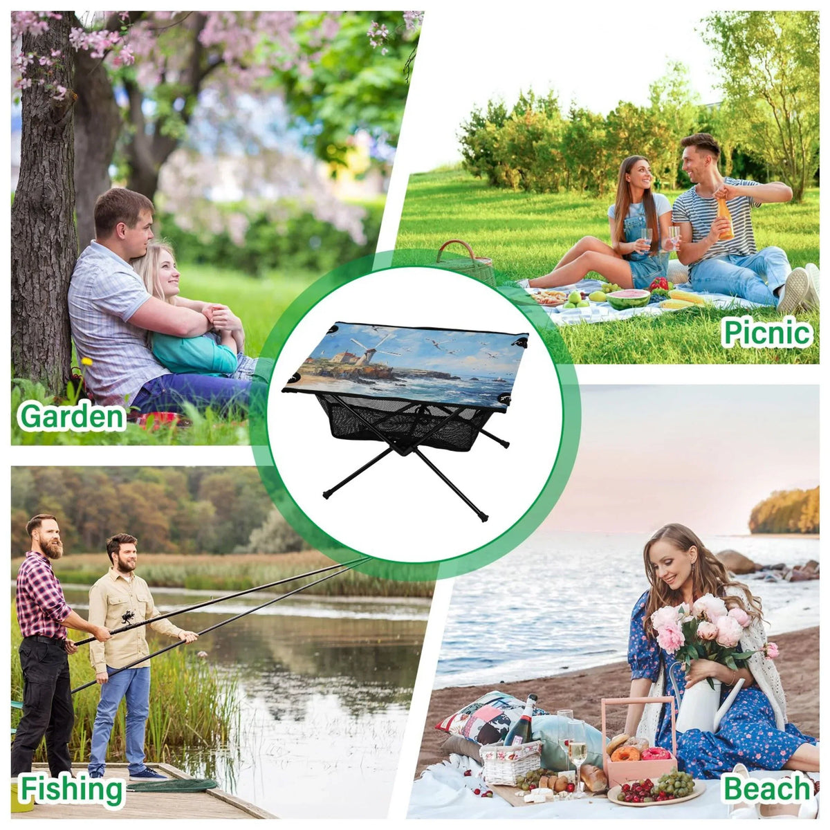 Landscape Paint Camping Foldable Portable Table Beach Table with Storage Bag Compact Picnic Table for Outdoor Hiking Fishing BBQ