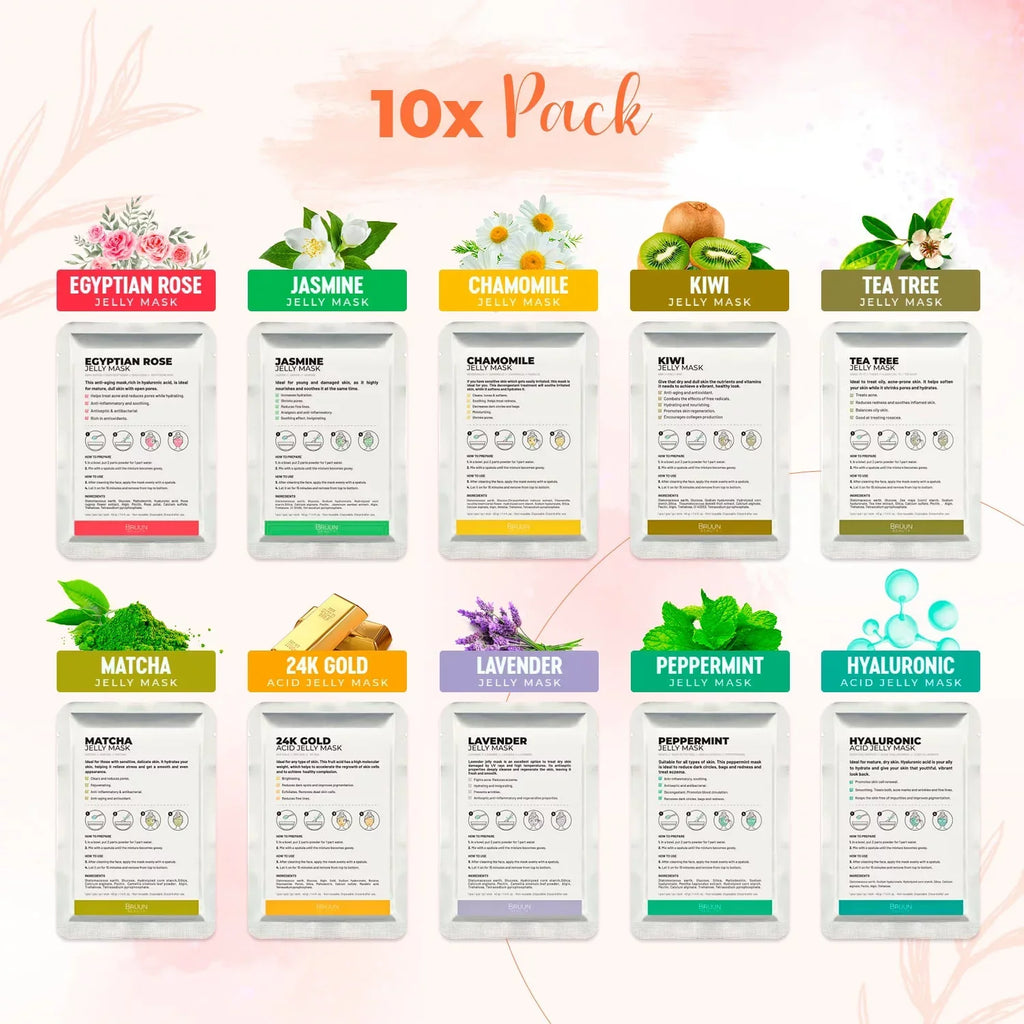 BRÜUN Peel-Off Jelly Mask Premium Modeling "Rubber Mask" Spa Set - 10 Treatments (24k Gold, Lavender, Kiwi, Peppermint, Egyptian Rose, Matcha, Chamomile, Tea tree, Jazmine)