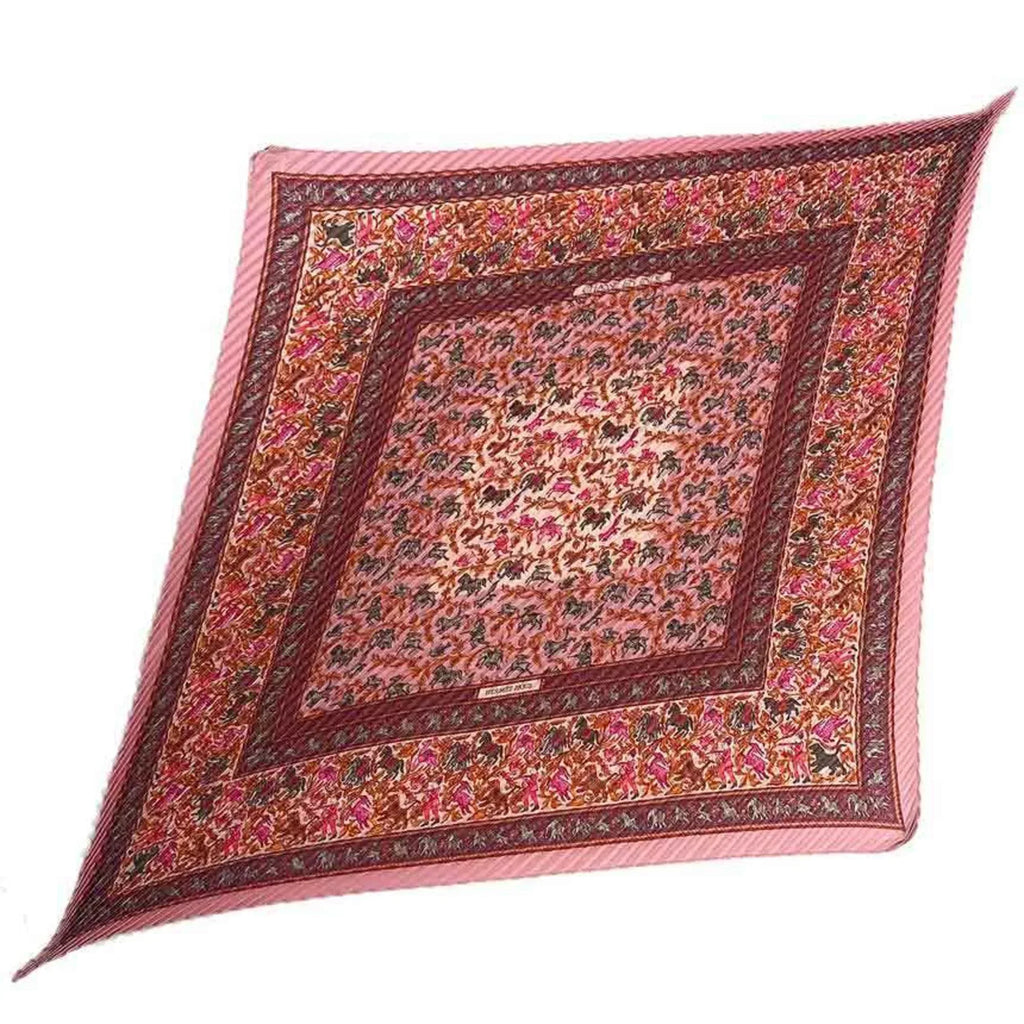 Pre-Owned HERMES Pleated Scarf Carre 90 CHASSE EN INDE Indian Hunting 100% Silk Pink Women's Hermes aq5273 (Like New)