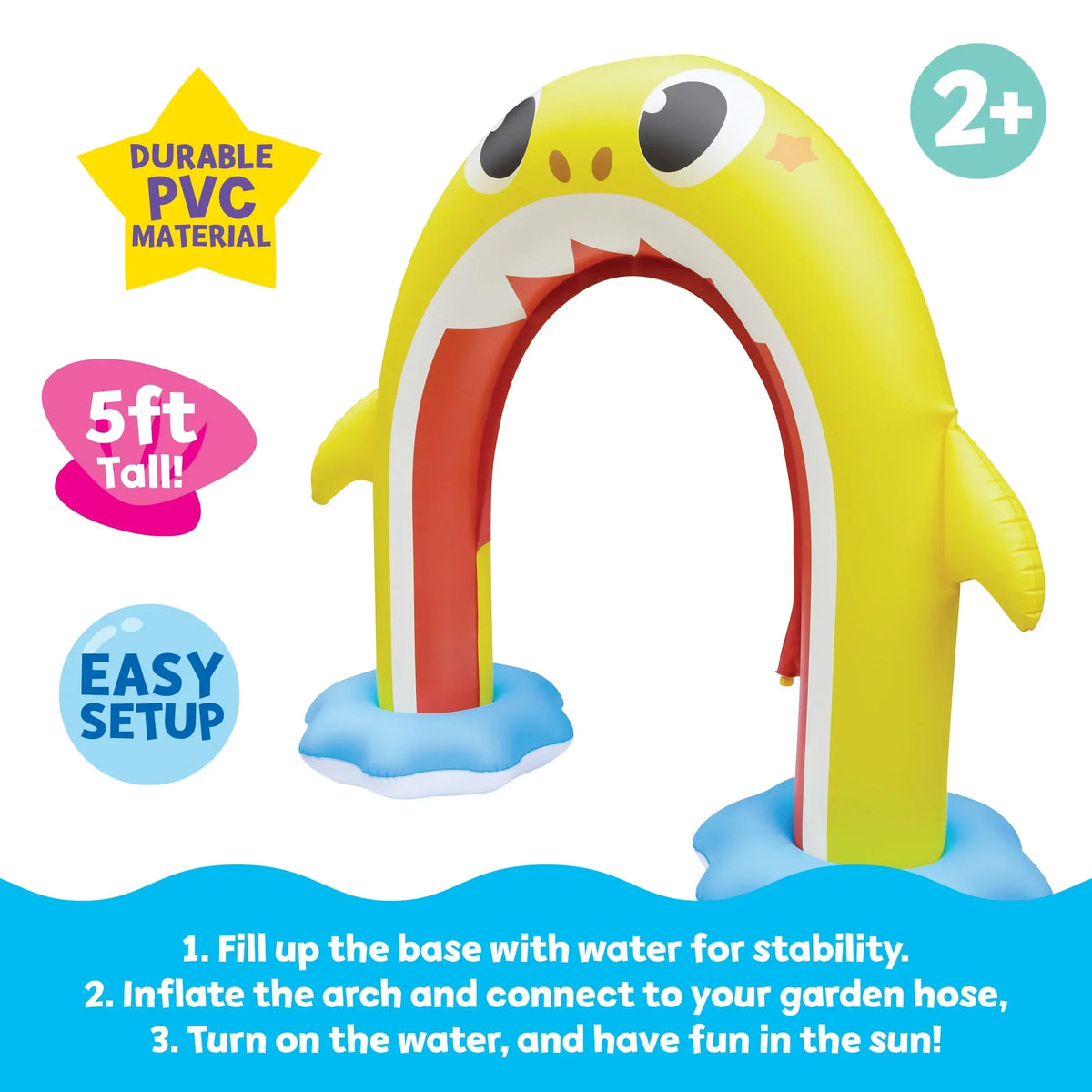 Pinkfong Baby Shark 5ft Inflatable Rainbow Arch, Backyard Water Sprinkler Summer Fun (Ages 2+)