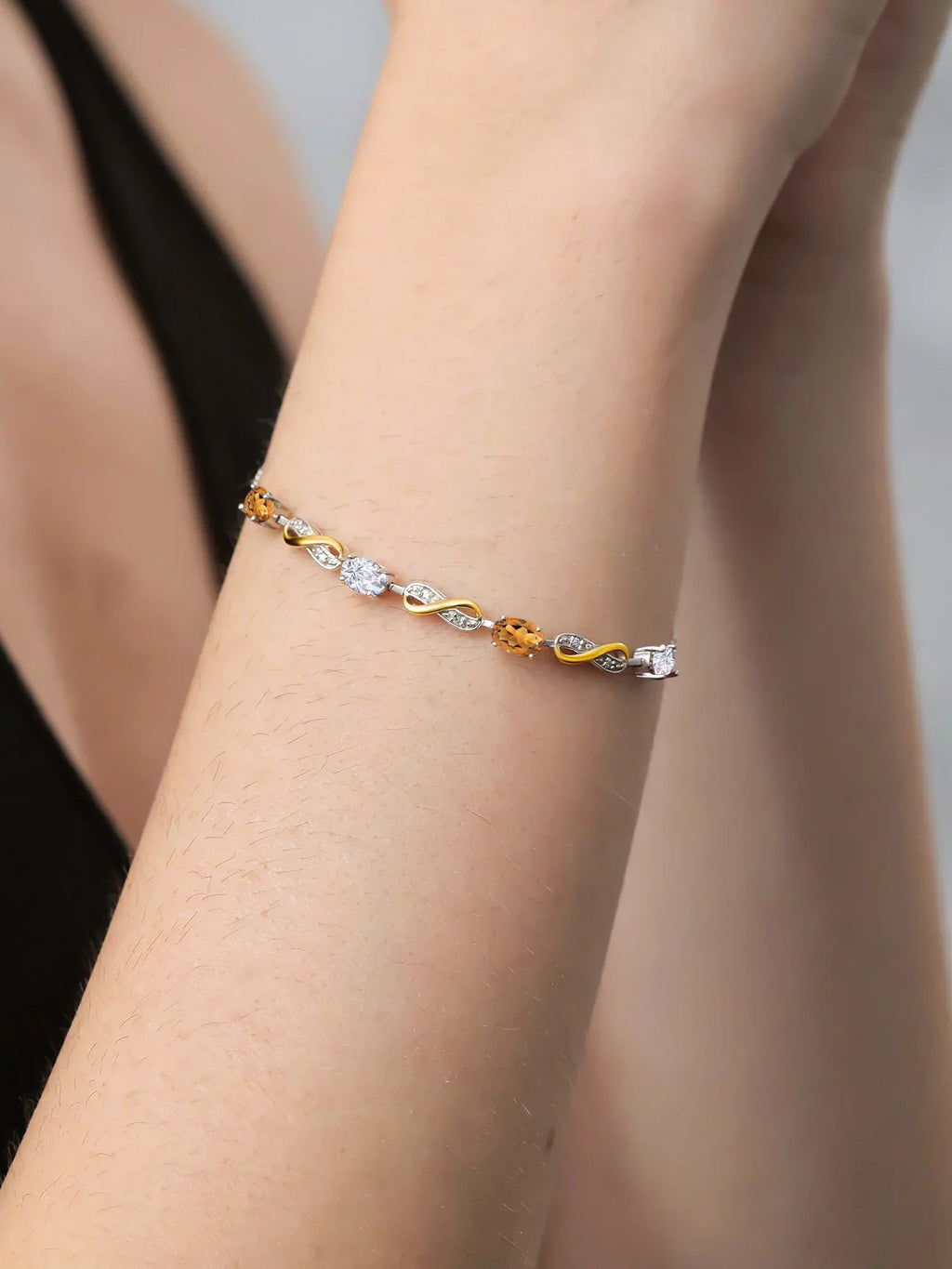 Gem Stone King 925 Silver and 10K Yellow Gold Lab Grown Diamond Infinity Bracelet For Women Mother's Mom Wife Girls Her Madeira Citrine Moissanite (1.85 Cttw, Fully Adjustable Up to 7.5 inch)