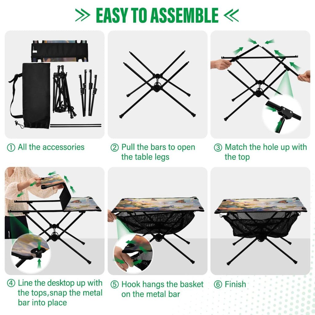 Funny Turtle and Butterfly Camping Folding Table Portable Beach Table with Storage Bag Compact Picnic Table for Outdoor Travel Fishing BBQ
