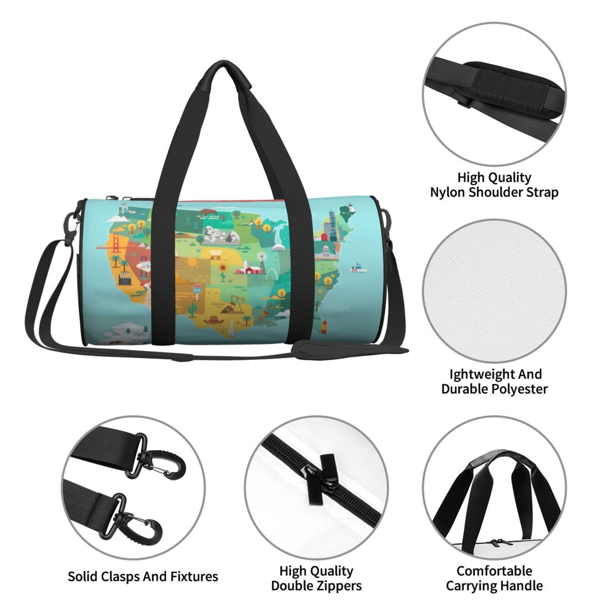 Coaee USA Tourist Map Large Capacity Travel Luggage Bag Cylinder Gym Bag Waterproof Sports Bag with Pocket and Compartment