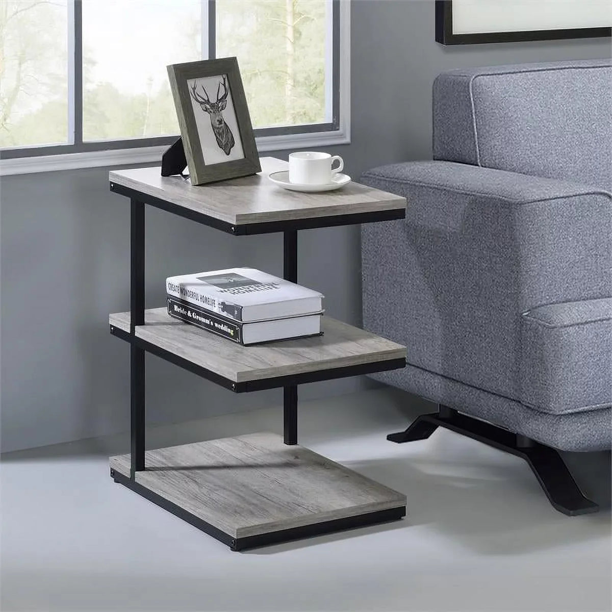 FOA Neeva Industrial Metal 3-Shelf Side Table in Light Gray Set of 2