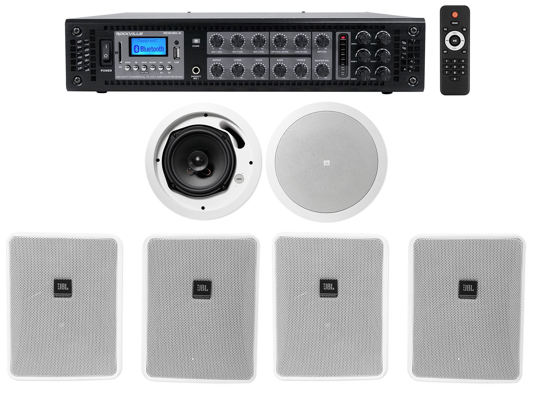 4) JBL 5.25" White Commercial Wall+6.5" Ceiling Speakers+Amp Restaurant/Cafe/Bar