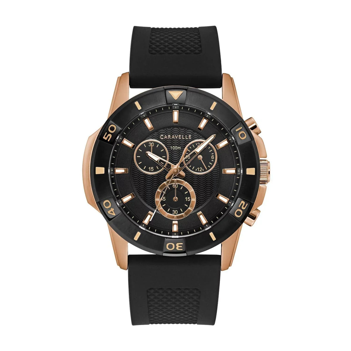 Caravelle Designed by Bulova Men's Black Chronograph Watch, Silicone Strap