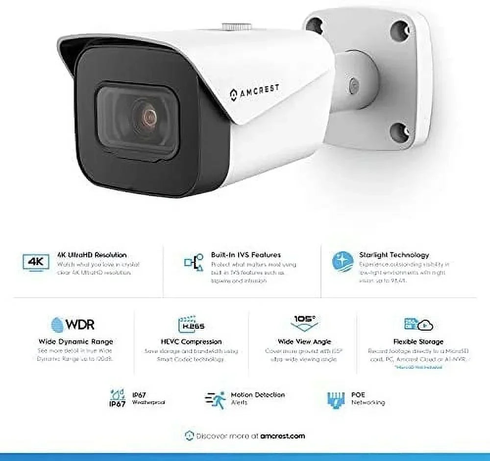 2-Pack Amcrest UltraHD 4K (8MP) Bullet POE IP Camera, 3840x2160, 131ft NightVision, 2.8mm Lens, IP67 Weatherproof, MicroSD Recording, White (2PACK-IP8M-2496EW)