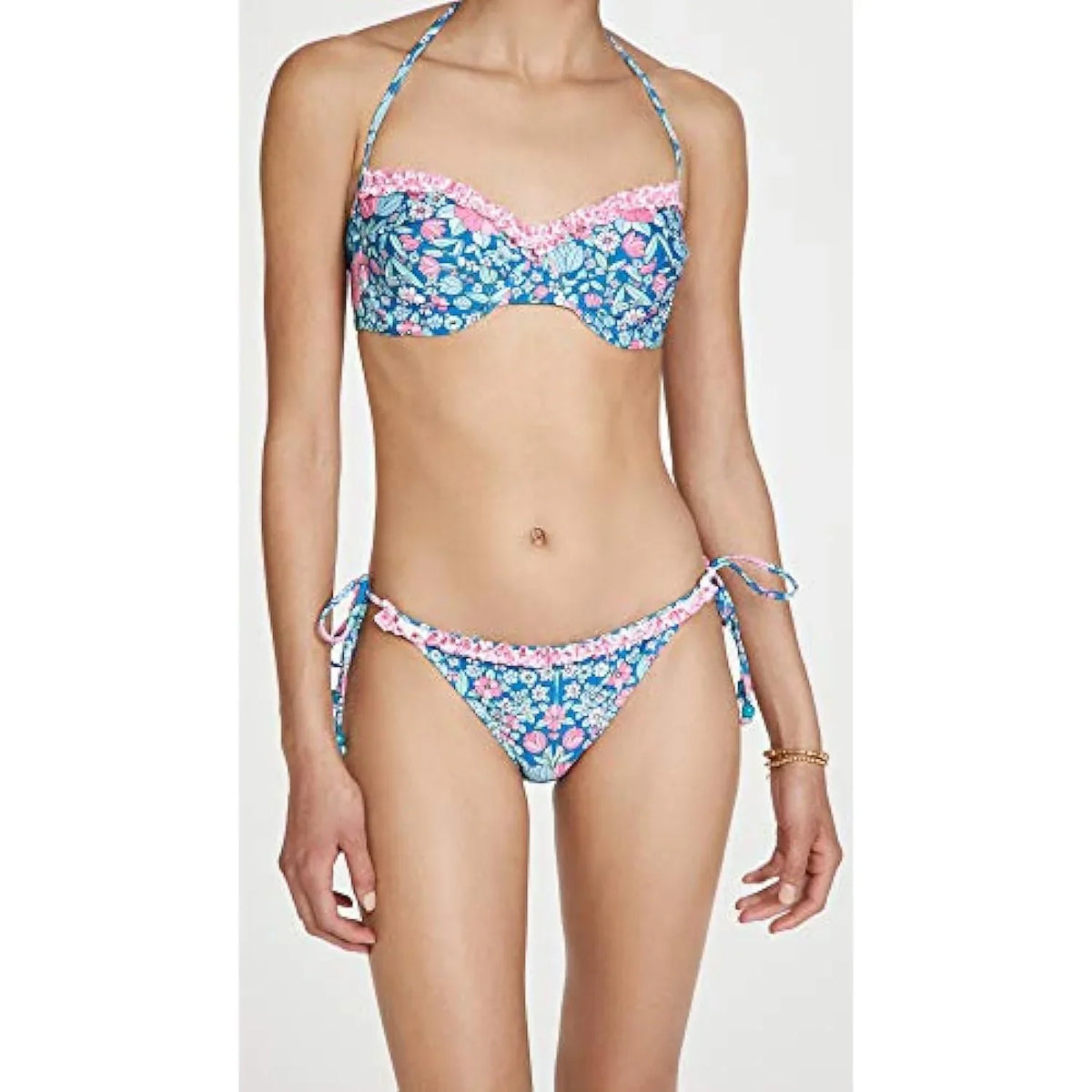 Shoshanna Women's Ruffle String Bikini Bottoms, Navy/Magenta Multi, L