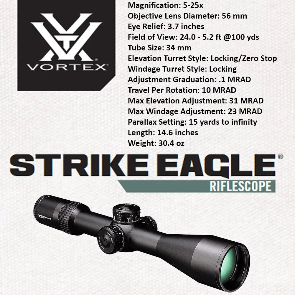 Vortex Optics Strike Eagle 5-25x 56 FFP EBR-7C (MRAD) Riflescope with Lens Cleaning Pen and Free Hat
