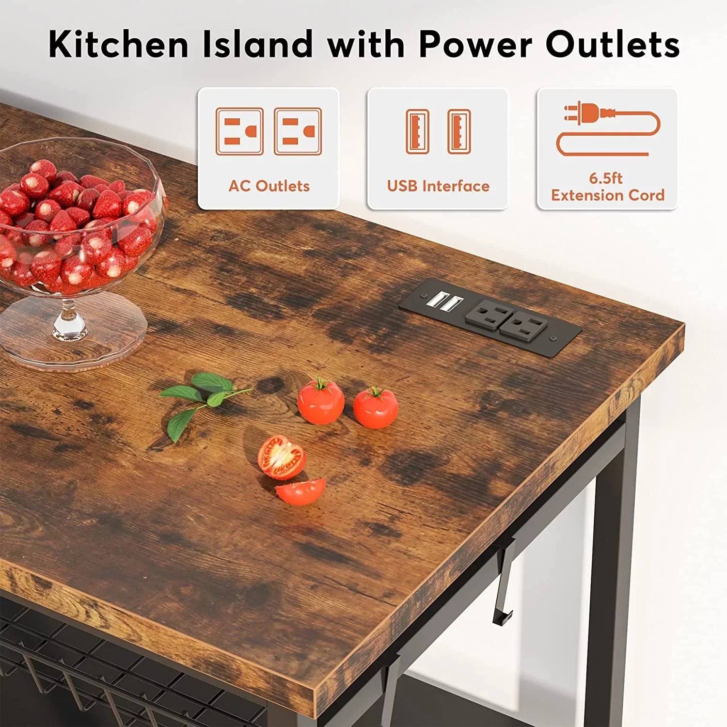 TJUNBOLIFE Kitchen Island with   Industrial Island Table with Power Outlets and Wire Baskets  3 Tier Microwave Oven Stand Butcher Block Island with Large Worktop  4 Hooks  Rustic Brown