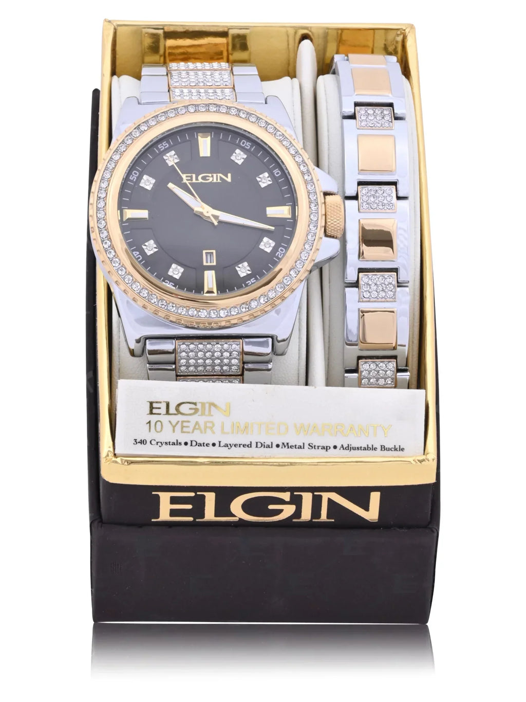Elgin Adult Male Watch and Bracelet Set with Alloy Case and Stones in Silver and Gold (FG180015ST)