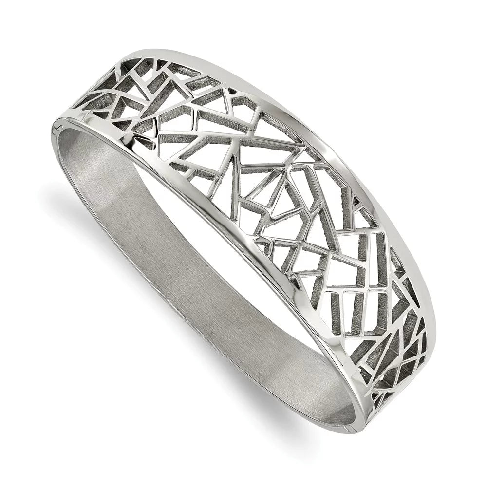 Stainless Steel Polished Geometric Cut-out Hinged Bangle; for Adults and Teens; for Women and Men