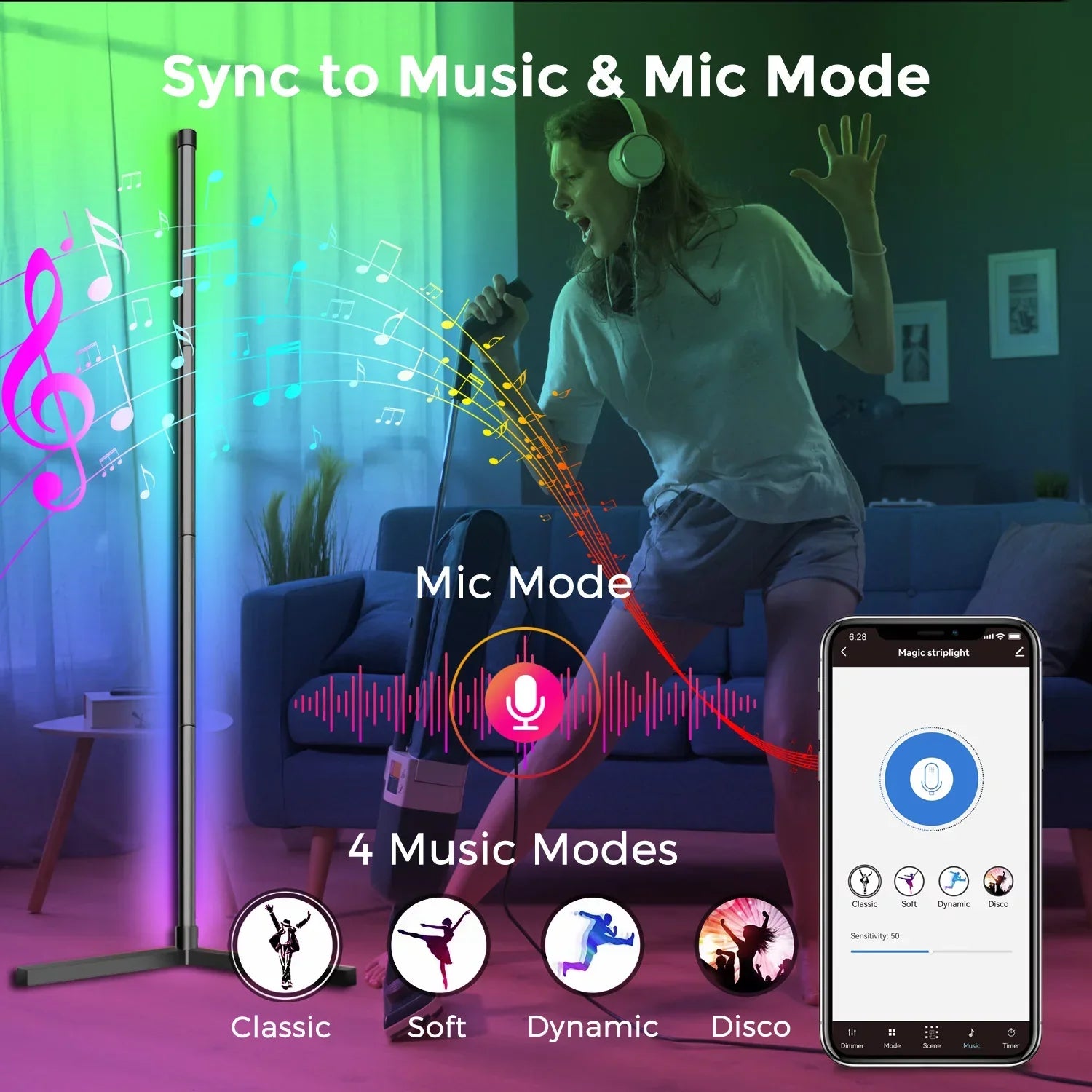 eco4life WiFi Smart Floor Standing LED Lamp, Color Changing, Dimmable, Music Syn