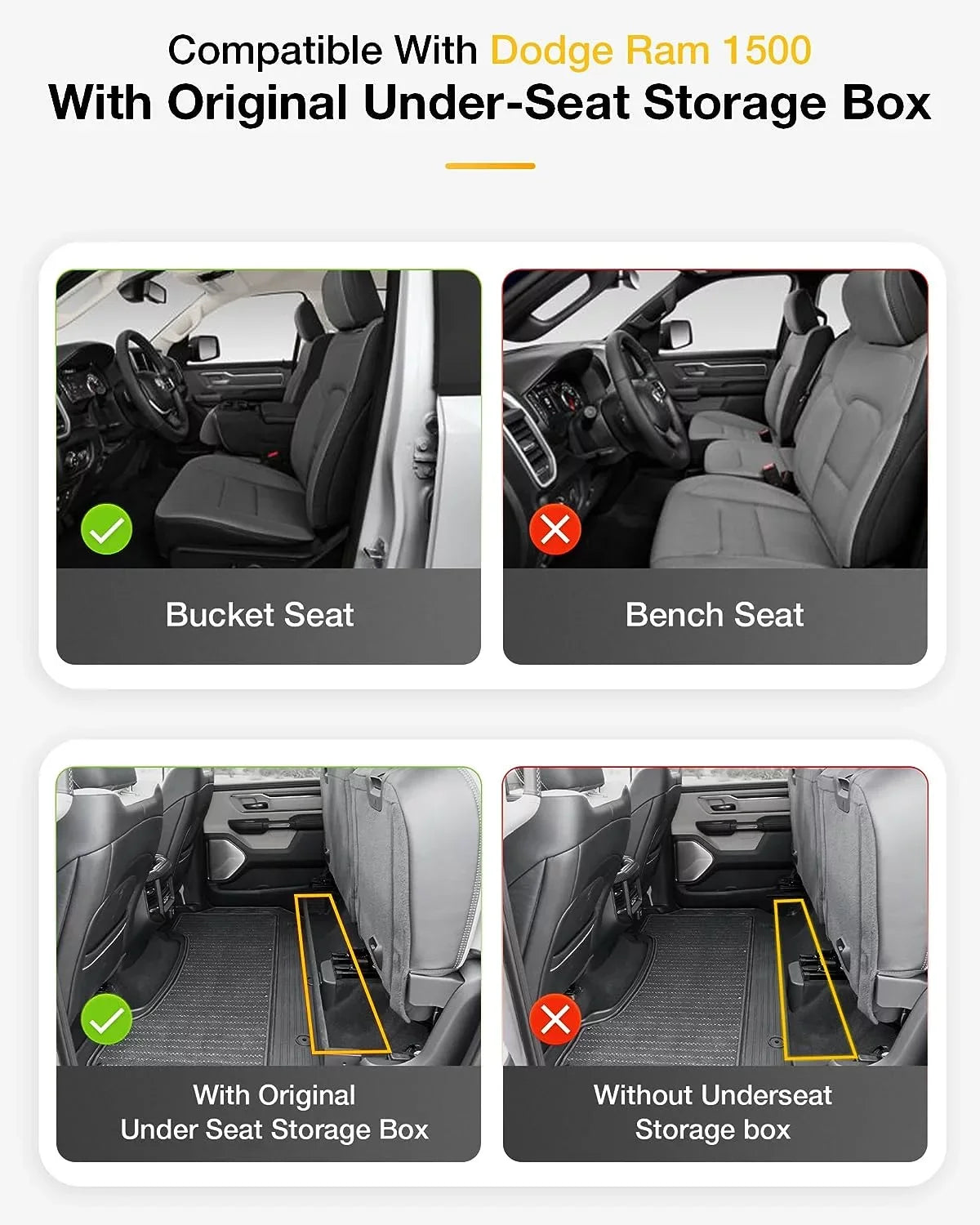 3W Floor Mats Fit for 2019-2023 Dodge Ram 1500 Crew Cab with Rear Under-Seat Factory Storage Bucket Seat, All Weather Car Liners Floor Liner Full Set Car Mats