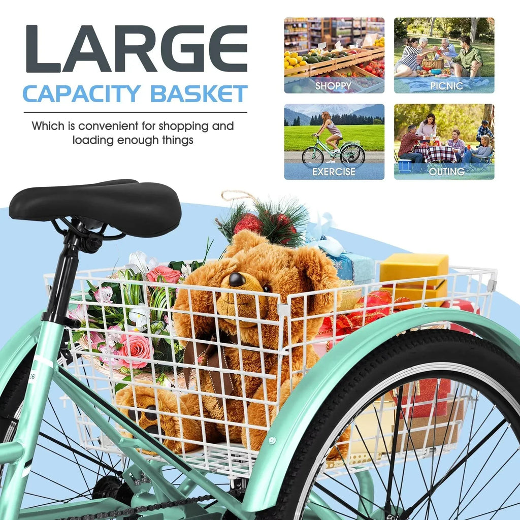 MOPHOTO Adults Mountain Tricycles, 24"/26"/27.5" 7-Speed Heavy Duty Trikes w/Spacious Basket 3-Wheeled Bike for Adventurous Rides, Shopping, Exercise, and Recreation