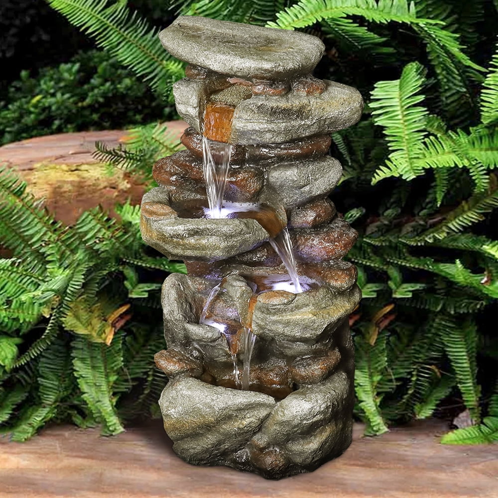 30-inch High Outdoor Water Fountain with LED Lights - Cascading Water Feature for Home, Garden, Patio and Deck Decor