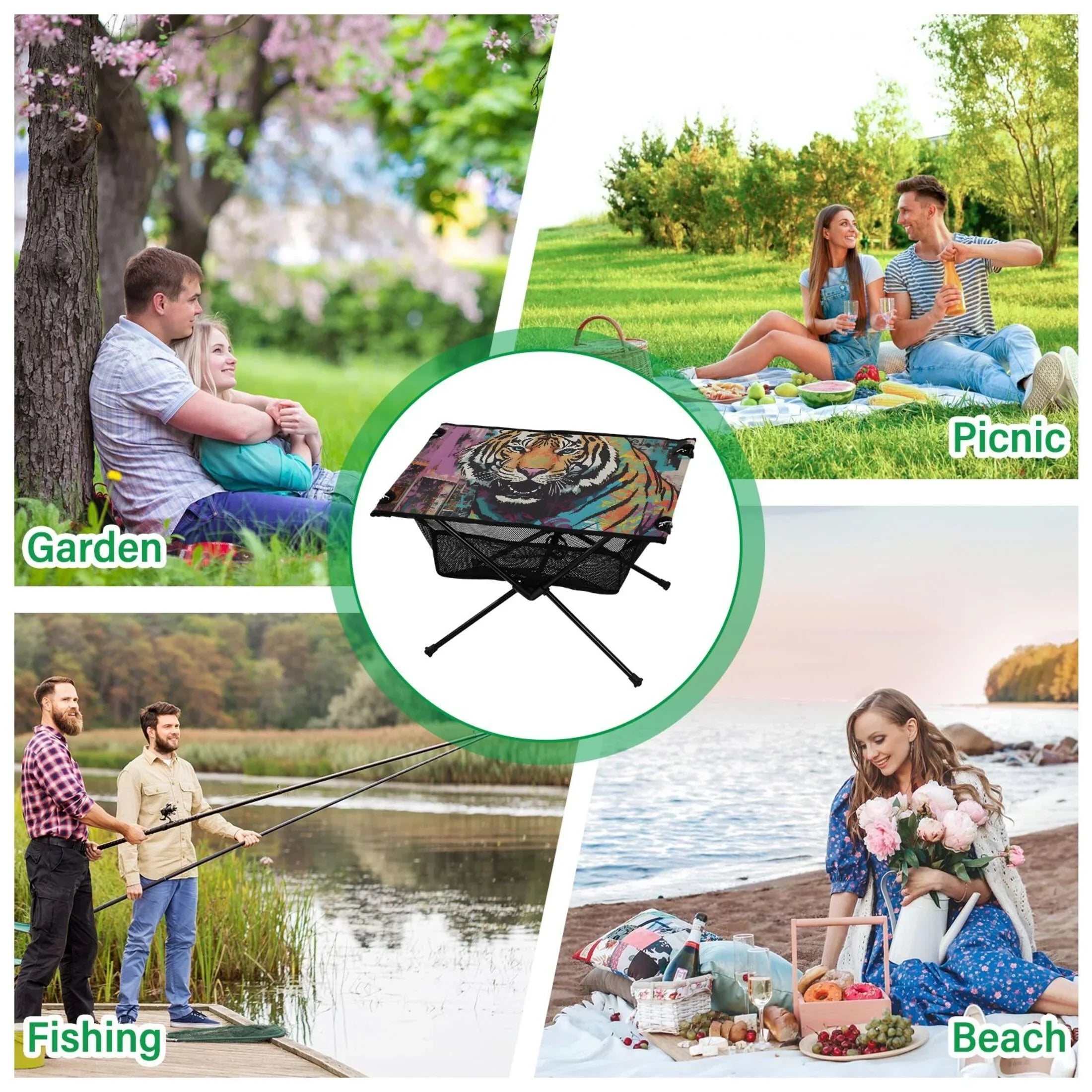 Tiger Abstract Camping Foldable Portable Table Beach Table with Storage Bag Compact Picnic Table for Outdoor Hiking Fishing BBQ