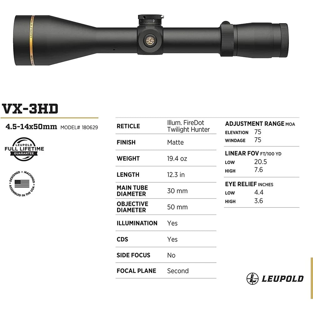 LEUPOLD VX-3HD 4.5-14x50 30mm CDS-ZL Illuminated FireDot Twilight Hunter Riflescope (180629)
