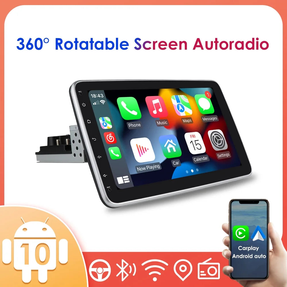 Hizpo Single 1 DIN Rotatable 10.1'' Android 10 Touch Screen With Apple Carplay& Android Auto Car Stereo Radio GPS Navigation Wifi Bluetooth