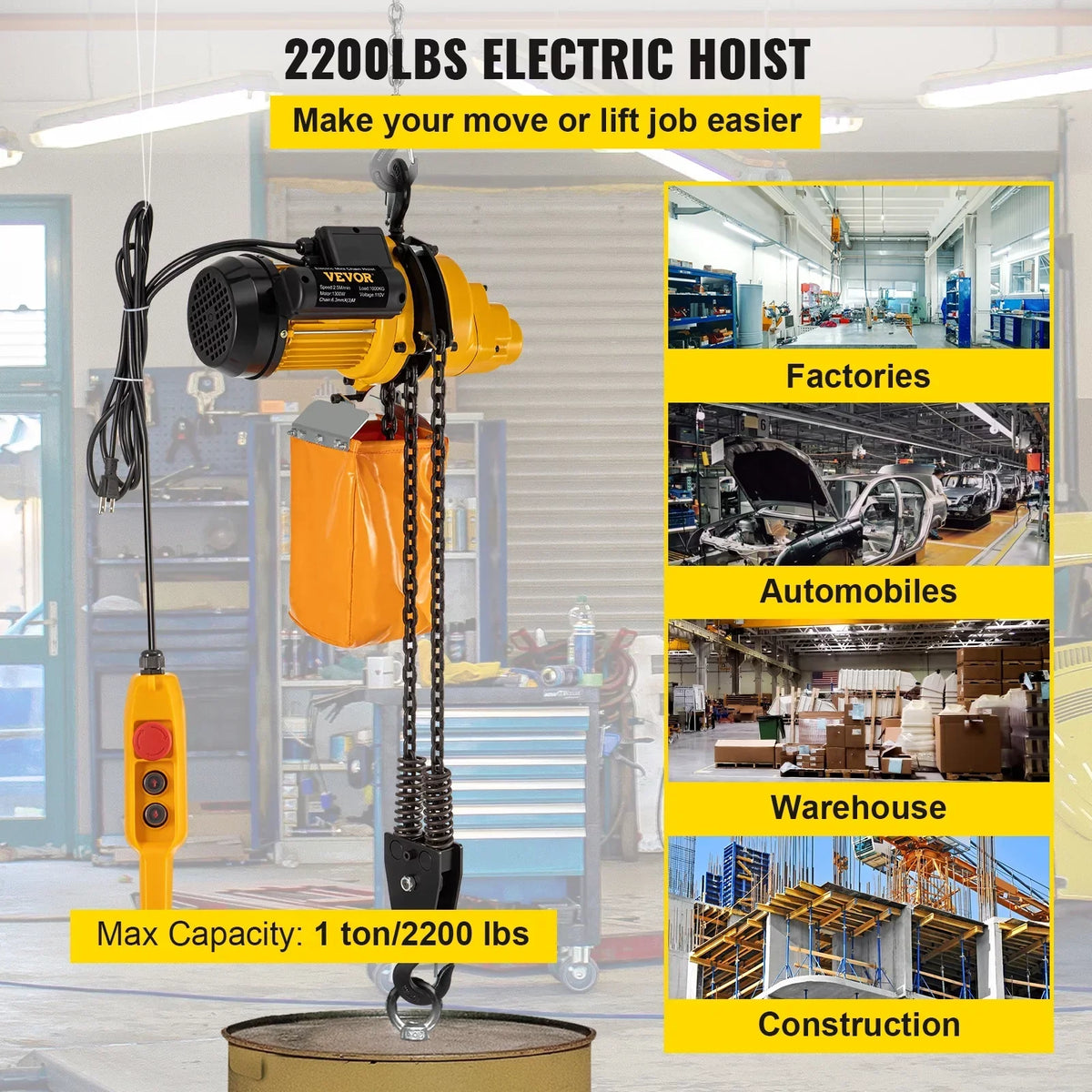 VEVOR Lift Electric Hoist, 2200 lbs Electric Winch w/ 10ft Wired Remote Control, 110V Overhead Crane Garage Ceiling Pulley Winch of 10ft Lift Height, Used In Factories, Warehouses, Construction