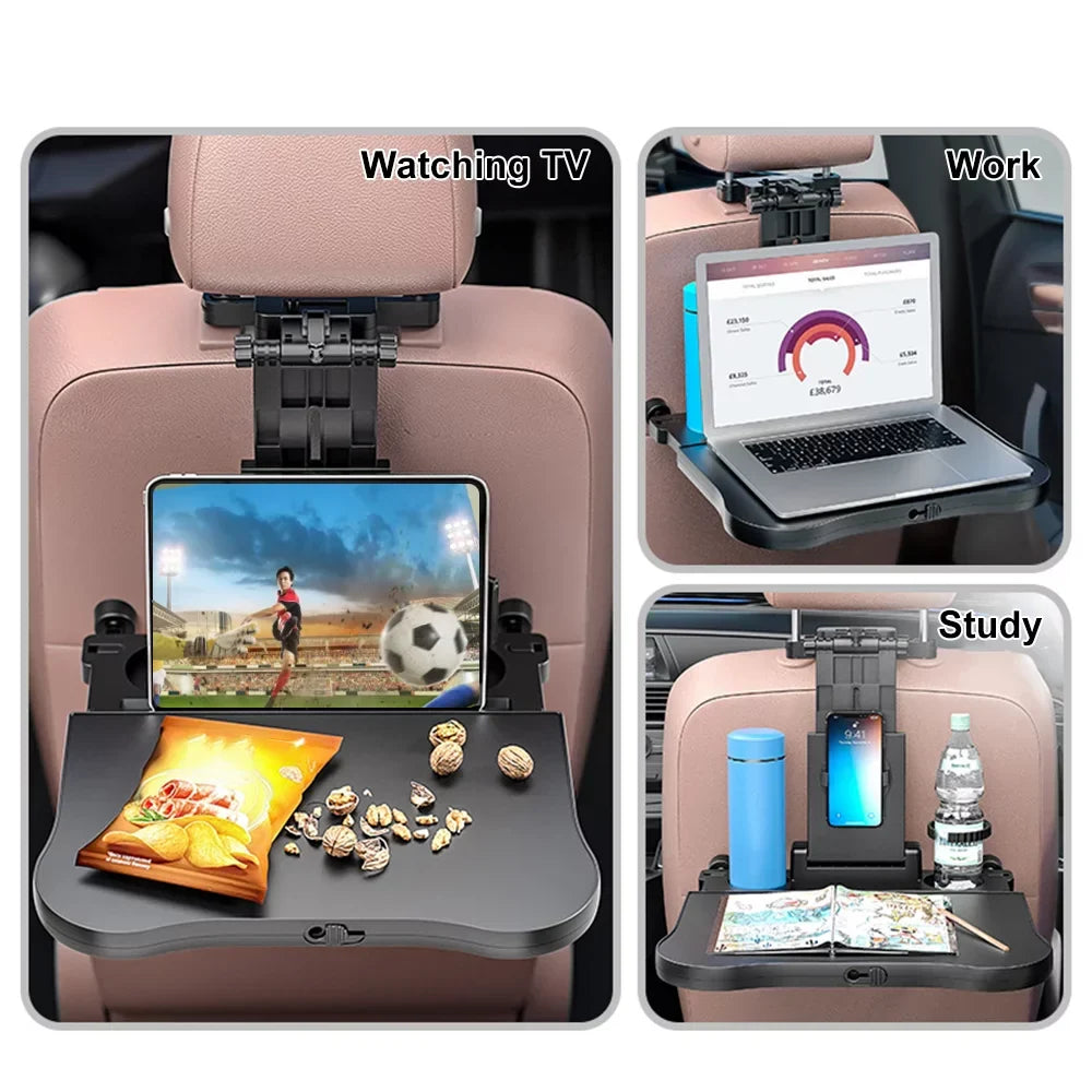Nebublu Adjustable Car Seat Travel Table, Multifunctional Foldable Back Seat Food Tray with Phone Holder， Black